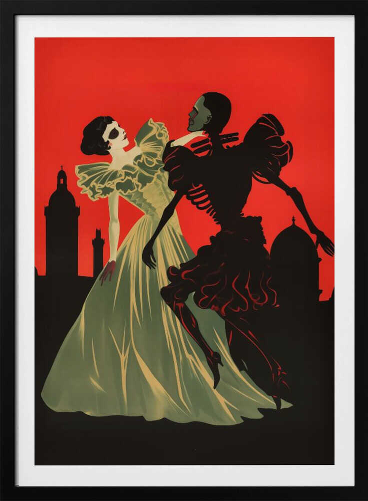 An Art Deco style illustration of a pale woman in a light green ball gown dancing with a black skeleton against a vibrant red sky. A black silhouette of a city skyline with domes and towers is visible in the background. Print