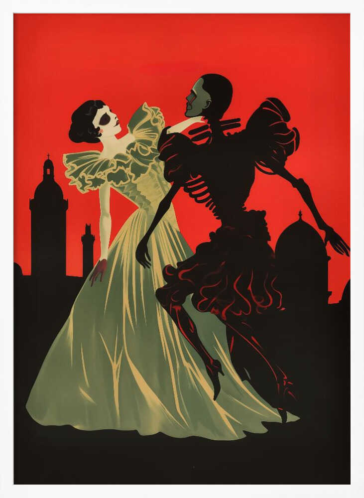 An Art Deco style illustration of a pale woman in a light green ball gown dancing with a black skeleton against a vibrant red sky. A black silhouette of a city skyline with domes and towers is visible in the background. Print