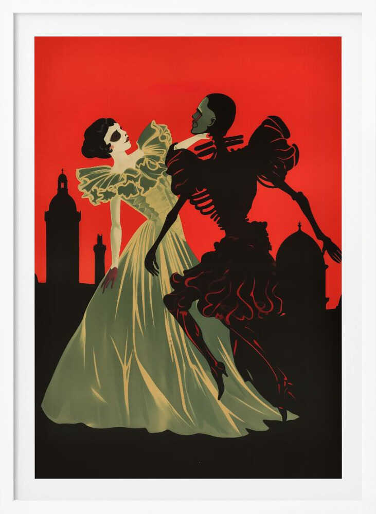 An Art Deco style illustration of a pale woman in a light green ball gown dancing with a black skeleton against a vibrant red sky. A black silhouette of a city skyline with domes and towers is visible in the background. Print