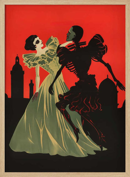 An Art Deco style illustration of a pale woman in a light green ball gown dancing with a black skeleton against a vibrant red sky. A black silhouette of a city skyline with domes and towers is visible in the background. Print