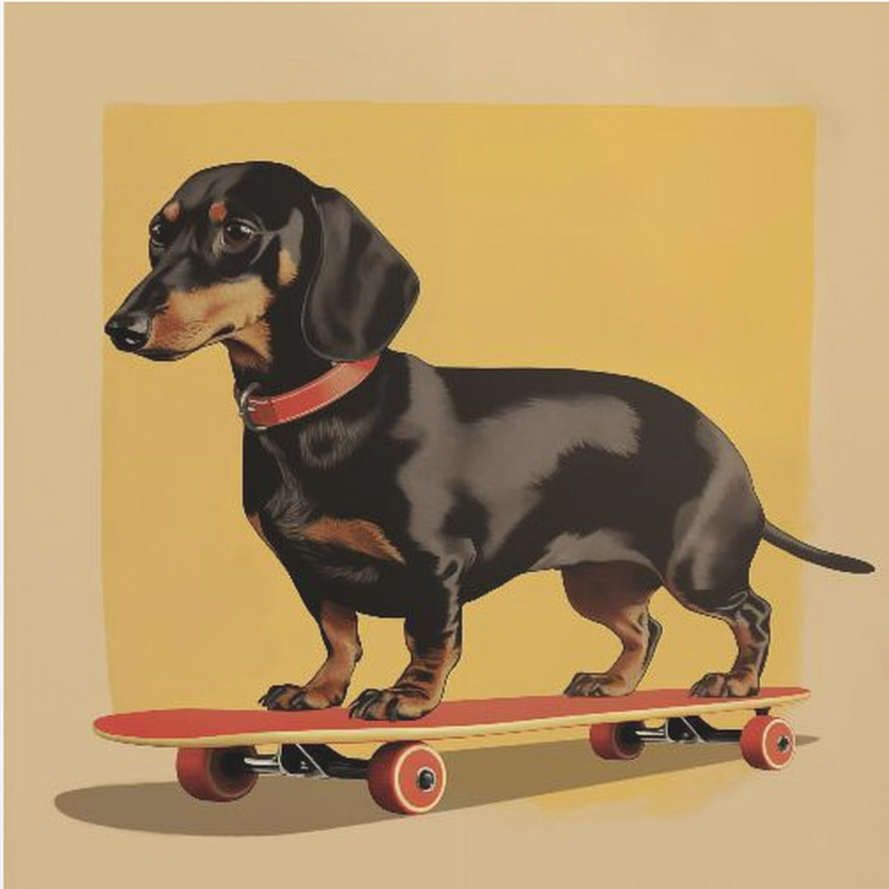 An illustration of a black and tan dachshund standing on a red skateboard against a mustard yellow background. The dog is in profile, wearing a red collar, and the artwork is shown in a light wood frame. Poster