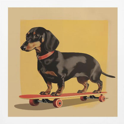 An illustration of a black and tan dachshund standing on a red skateboard against a mustard yellow background. The dog is in profile, wearing a red collar, and the artwork is shown in a light wood frame. Poster