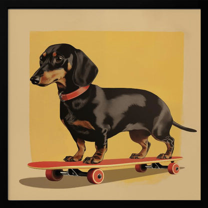 An illustration of a black and tan dachshund standing on a red skateboard against a mustard yellow background. The dog is in profile, wearing a red collar, and the artwork is shown in a light wood frame. Poster