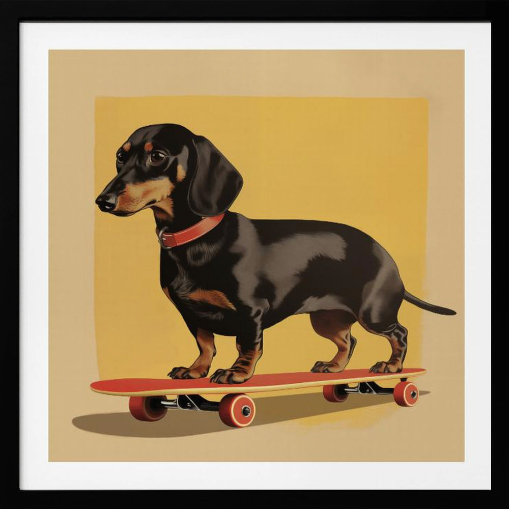 An illustration of a black and tan dachshund standing on a red skateboard against a mustard yellow background. The dog is in profile, wearing a red collar, and the artwork is shown in a light wood frame. Poster