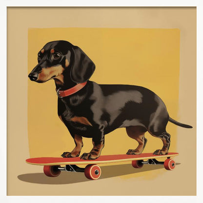 An illustration of a black and tan dachshund standing on a red skateboard against a mustard yellow background. The dog is in profile, wearing a red collar, and the artwork is shown in a light wood frame. Poster