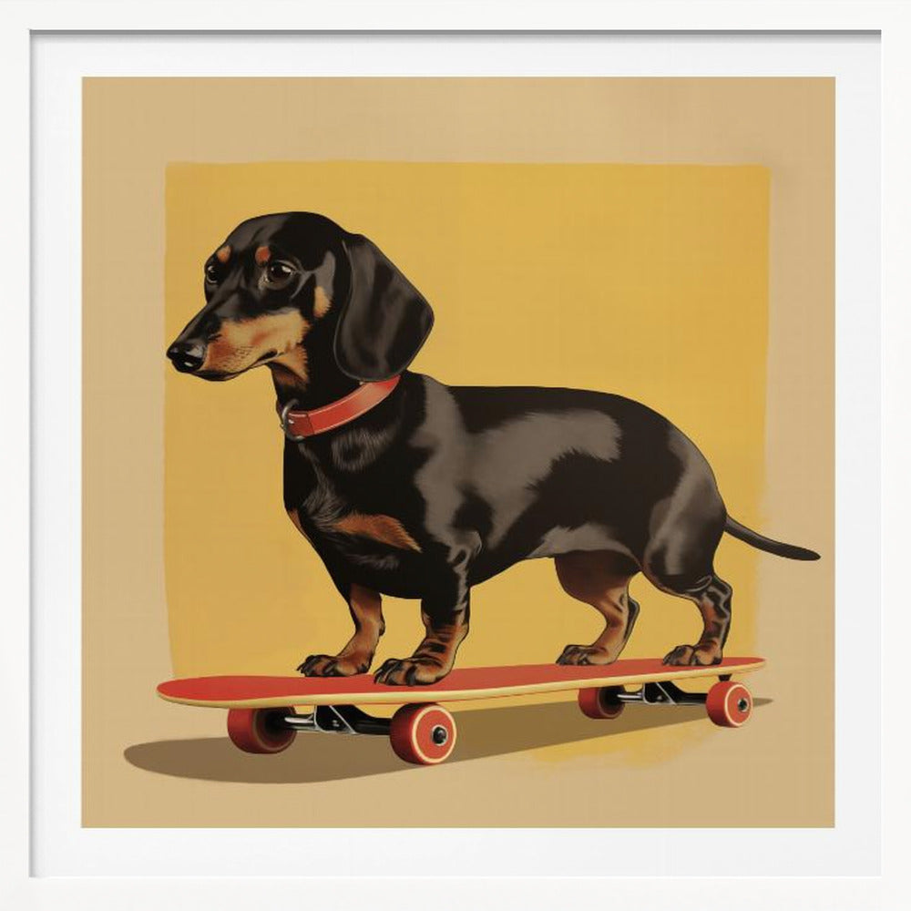 An illustration of a black and tan dachshund standing on a red skateboard against a mustard yellow background. The dog is in profile, wearing a red collar, and the artwork is shown in a light wood frame. Poster