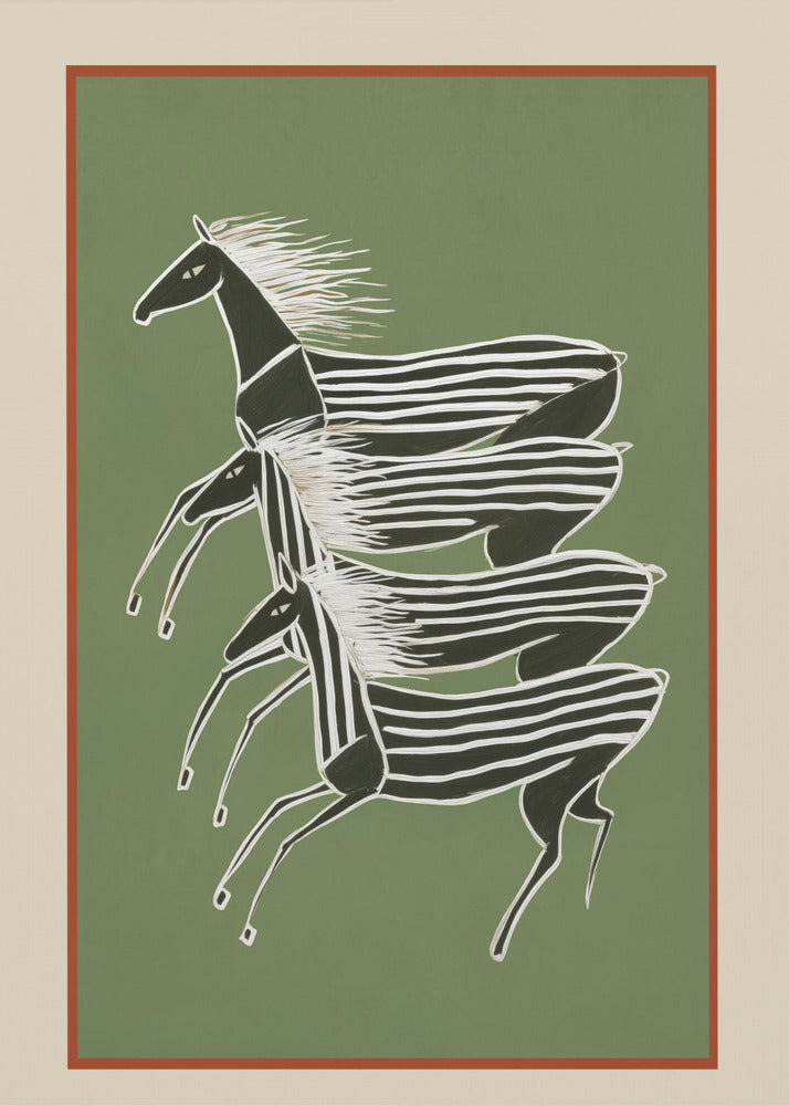 A stylized art print of three zebras running in a vertical formation against a sage green background. The zebras are black with white stripes and flowing white manes, depicted in a dynamic, graphic style. The print is framed with a terracotta and beige mat within a black frame. Poster
