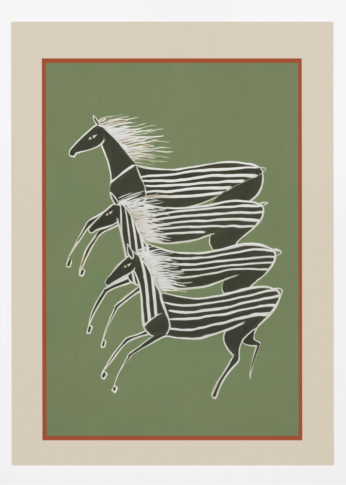 A stylized art print of three zebras running in a vertical formation against a sage green background. The zebras are black with white stripes and flowing white manes, depicted in a dynamic, graphic style. The print is framed with a terracotta and beige mat within a black frame. Poster