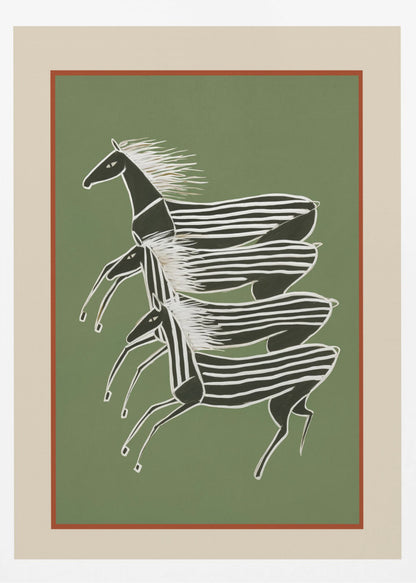 A stylized art print of three zebras running in a vertical formation against a sage green background. The zebras are black with white stripes and flowing white manes, depicted in a dynamic, graphic style. The print is framed with a terracotta and beige mat within a black frame. Poster