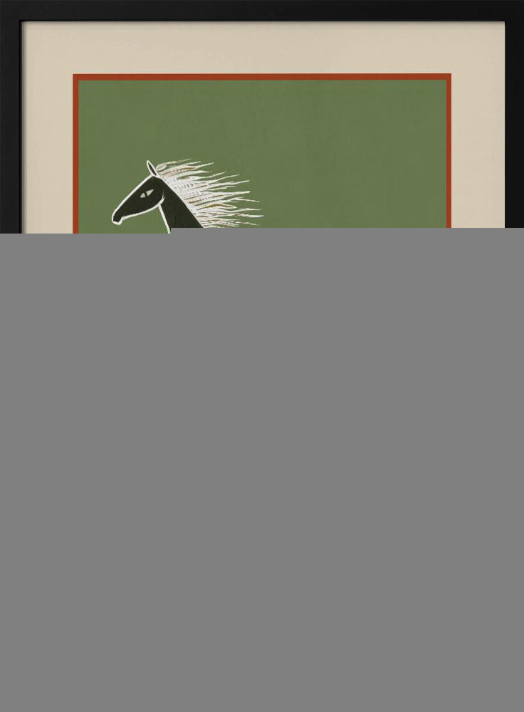 A stylized art print of three zebras running in a vertical formation against a sage green background. The zebras are black with white stripes and flowing white manes, depicted in a dynamic, graphic style. The print is framed with a terracotta and beige mat within a black frame. Poster