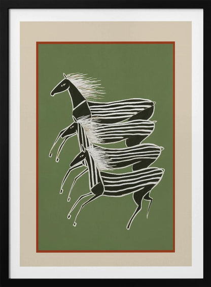 A stylized art print of three zebras running in a vertical formation against a sage green background. The zebras are black with white stripes and flowing white manes, depicted in a dynamic, graphic style. The print is framed with a terracotta and beige mat within a black frame. Poster