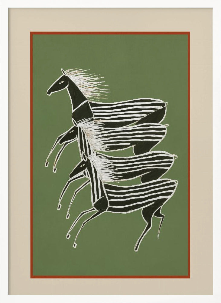 A stylized art print of three zebras running in a vertical formation against a sage green background. The zebras are black with white stripes and flowing white manes, depicted in a dynamic, graphic style. The print is framed with a terracotta and beige mat within a black frame. Poster