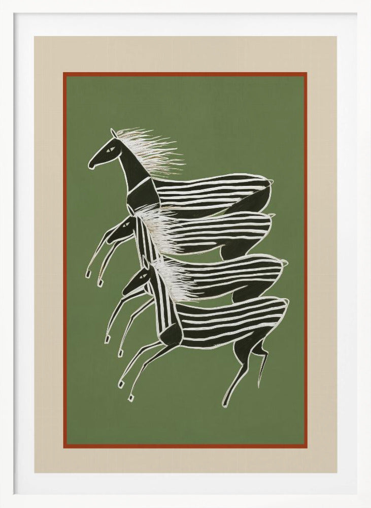A stylized art print of three zebras running in a vertical formation against a sage green background. The zebras are black with white stripes and flowing white manes, depicted in a dynamic, graphic style. The print is framed with a terracotta and beige mat within a black frame. Poster