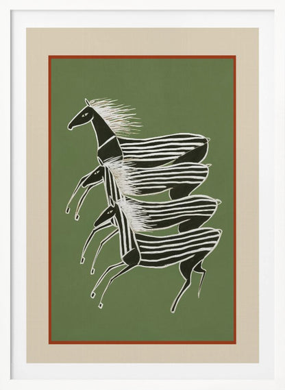 A stylized art print of three zebras running in a vertical formation against a sage green background. The zebras are black with white stripes and flowing white manes, depicted in a dynamic, graphic style. The print is framed with a terracotta and beige mat within a black frame. Poster