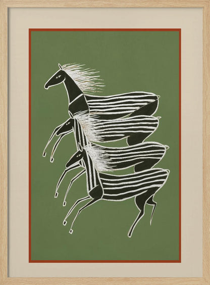 A stylized art print of three zebras running in a vertical formation against a sage green background. The zebras are black with white stripes and flowing white manes, depicted in a dynamic, graphic style. The print is framed with a terracotta and beige mat within a black frame. Poster
