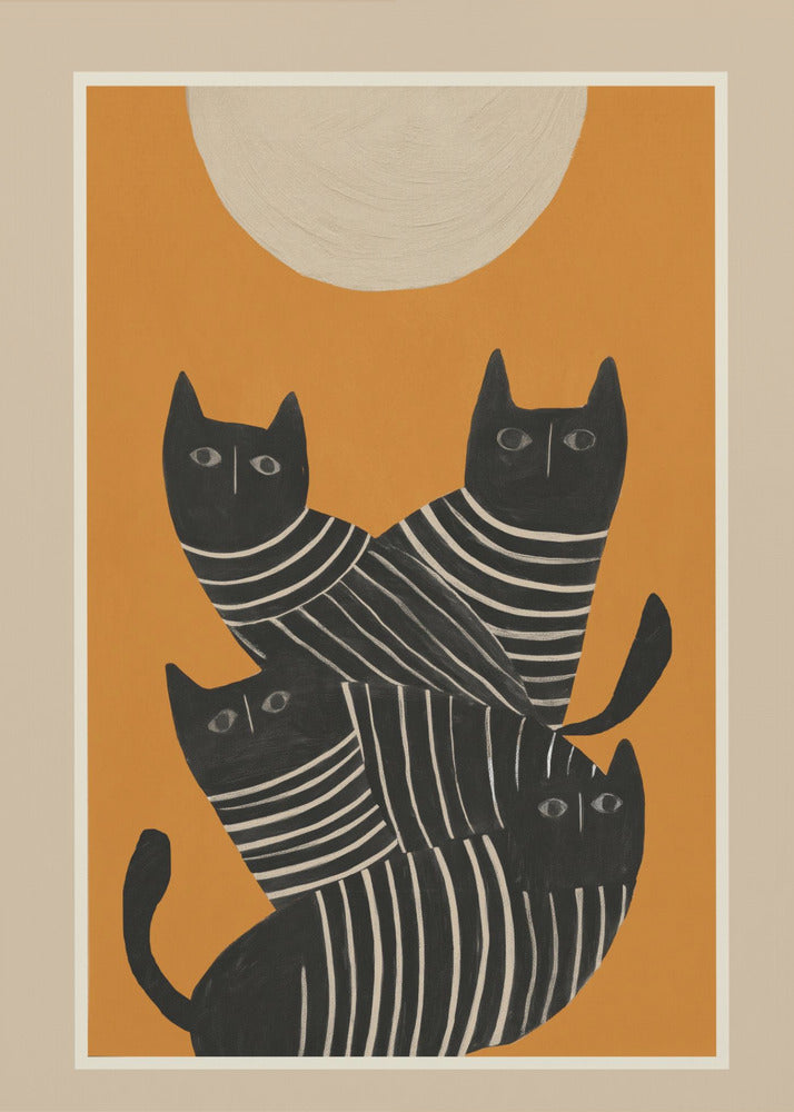 A framed art print of a stylized illustration featuring four black cats with white striped bodies stacked together. They are set against a solid orange background with a large, textured, cream-colored moon or sun at the top. Artwork