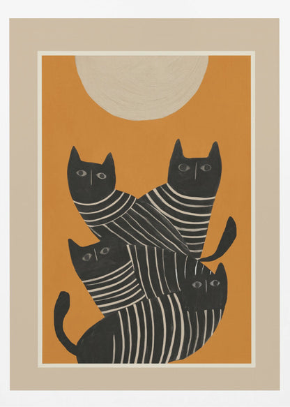 A framed art print of a stylized illustration featuring four black cats with white striped bodies stacked together. They are set against a solid orange background with a large, textured, cream-colored moon or sun at the top. Artwork