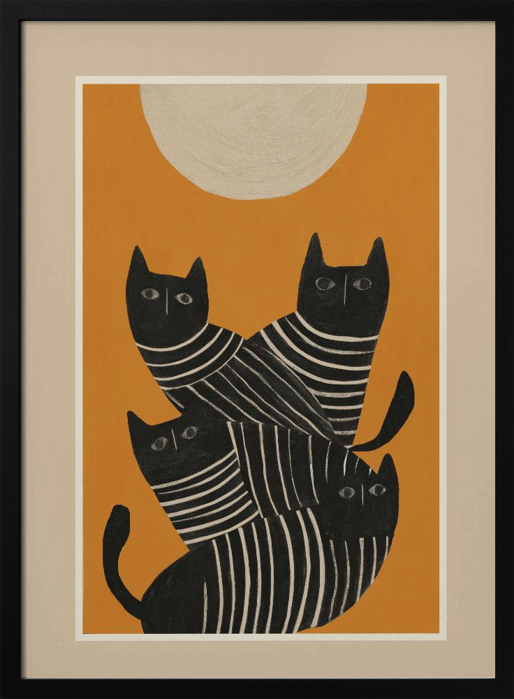 A framed art print of a stylized illustration featuring four black cats with white striped bodies stacked together. They are set against a solid orange background with a large, textured, cream-colored moon or sun at the top. Artwork