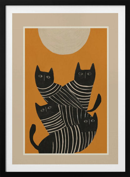 A framed art print of a stylized illustration featuring four black cats with white striped bodies stacked together. They are set against a solid orange background with a large, textured, cream-colored moon or sun at the top. Artwork