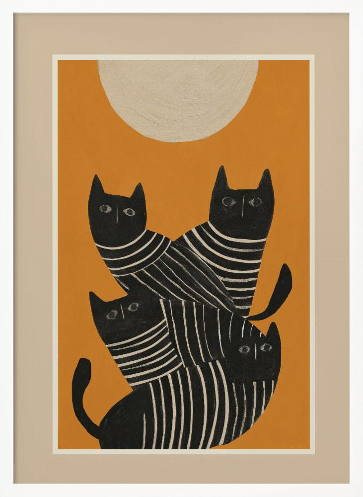 A framed art print of a stylized illustration featuring four black cats with white striped bodies stacked together. They are set against a solid orange background with a large, textured, cream-colored moon or sun at the top. Artwork