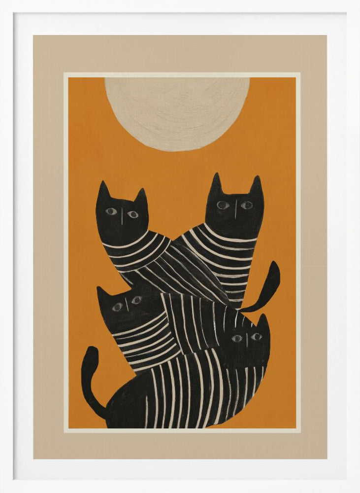 A framed art print of a stylized illustration featuring four black cats with white striped bodies stacked together. They are set against a solid orange background with a large, textured, cream-colored moon or sun at the top. Artwork