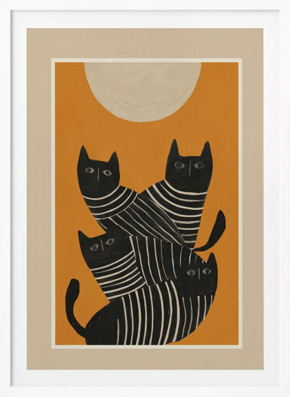A framed art print of a stylized illustration featuring four black cats with white striped bodies stacked together. They are set against a solid orange background with a large, textured, cream-colored moon or sun at the top. Artwork