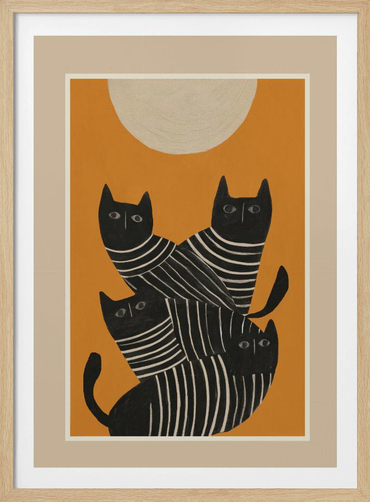 A framed art print of a stylized illustration featuring four black cats with white striped bodies stacked together. They are set against a solid orange background with a large, textured, cream-colored moon or sun at the top. Artwork