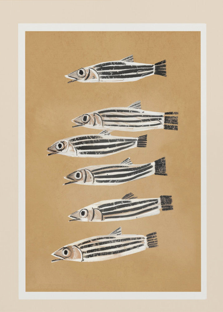 A framed art print featuring six stylized, black and white striped fish arranged in a vertical column against a tan background. The fish are all facing left with their mouths slightly open. Poster