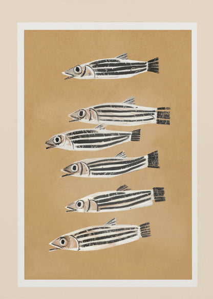 A framed art print featuring six stylized, black and white striped fish arranged in a vertical column against a tan background. The fish are all facing left with their mouths slightly open. Poster