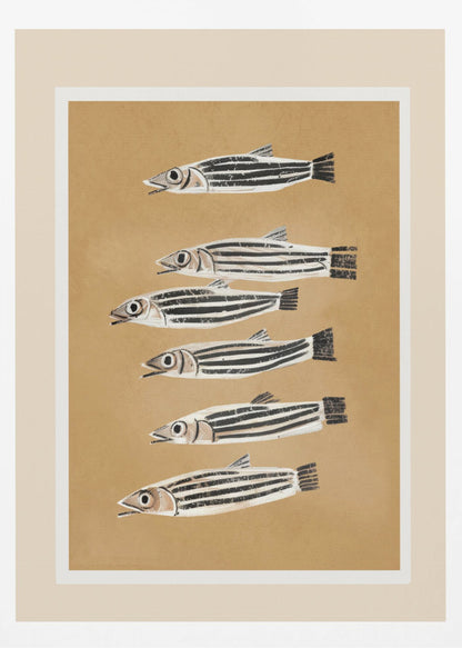 A framed art print featuring six stylized, black and white striped fish arranged in a vertical column against a tan background. The fish are all facing left with their mouths slightly open. Poster