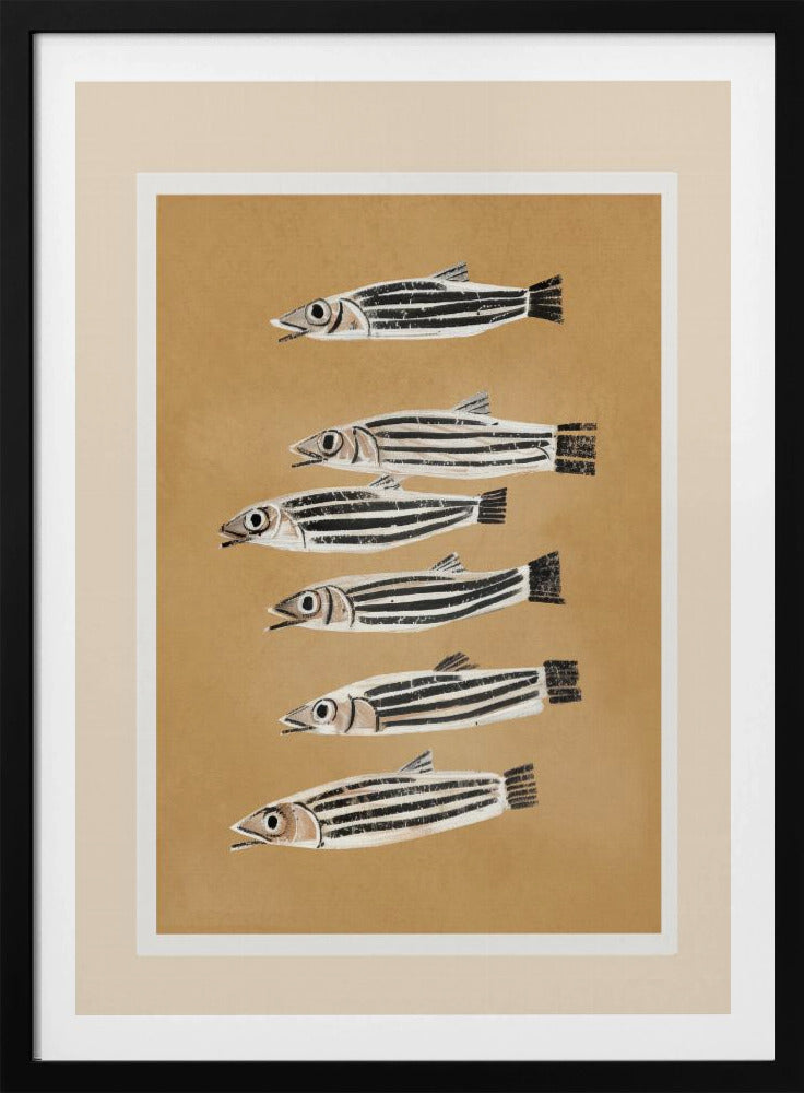 A framed art print featuring six stylized, black and white striped fish arranged in a vertical column against a tan background. The fish are all facing left with their mouths slightly open. Poster