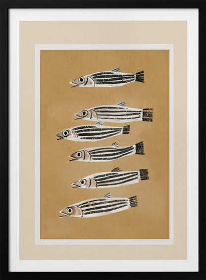 A framed art print featuring six stylized, black and white striped fish arranged in a vertical column against a tan background. The fish are all facing left with their mouths slightly open. Poster