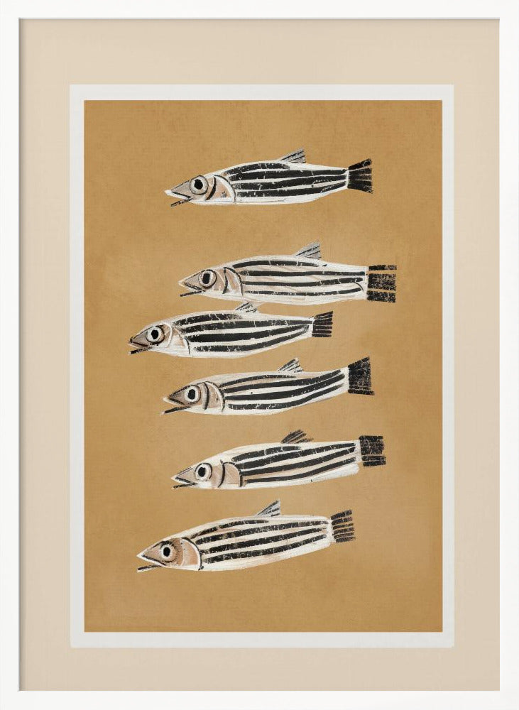 A framed art print featuring six stylized, black and white striped fish arranged in a vertical column against a tan background. The fish are all facing left with their mouths slightly open. Poster