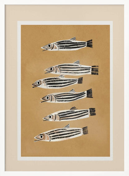 A framed art print featuring six stylized, black and white striped fish arranged in a vertical column against a tan background. The fish are all facing left with their mouths slightly open. Poster