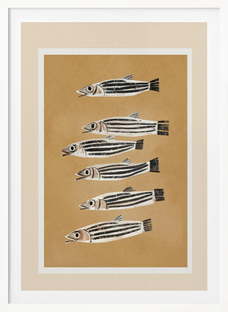 A framed art print featuring six stylized, black and white striped fish arranged in a vertical column against a tan background. The fish are all facing left with their mouths slightly open. Poster