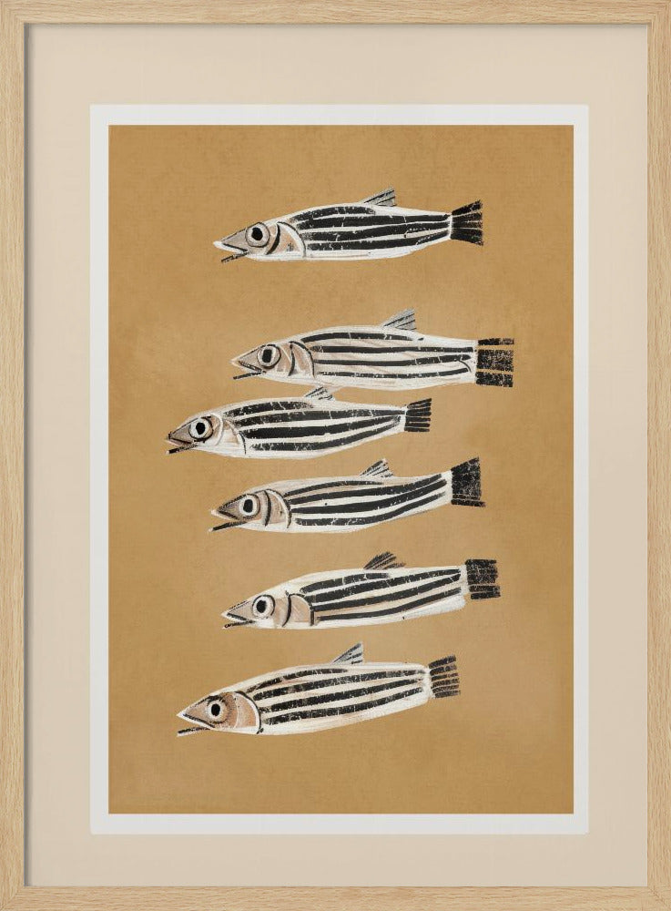 A framed art print featuring six stylized, black and white striped fish arranged in a vertical column against a tan background. The fish are all facing left with their mouths slightly open. Poster