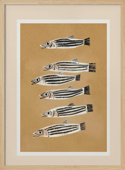 A framed art print featuring six stylized, black and white striped fish arranged in a vertical column against a tan background. The fish are all facing left with their mouths slightly open. Poster
