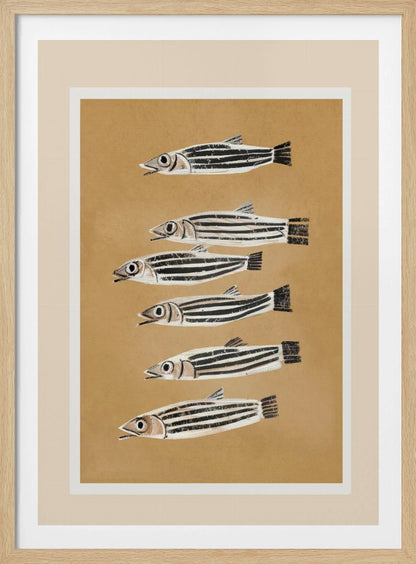 A framed art print featuring six stylized, black and white striped fish arranged in a vertical column against a tan background. The fish are all facing left with their mouths slightly open. Poster