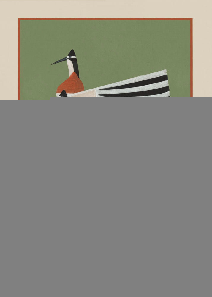A framed art print featuring two highly stylized birds standing against a solid sage green background. The birds have boat-shaped bodies with bold black and white stripes, orange chests, and long thin black legs and beaks. Wall Art