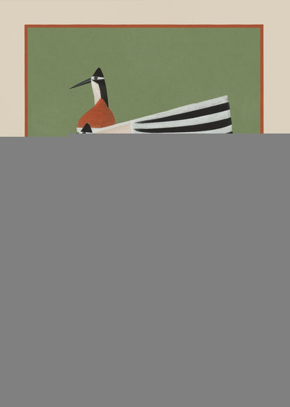 A framed art print featuring two highly stylized birds standing against a solid sage green background. The birds have boat-shaped bodies with bold black and white stripes, orange chests, and long thin black legs and beaks. Wall Art