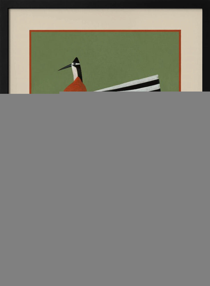 A framed art print featuring two highly stylized birds standing against a solid sage green background. The birds have boat-shaped bodies with bold black and white stripes, orange chests, and long thin black legs and beaks. Wall Art
