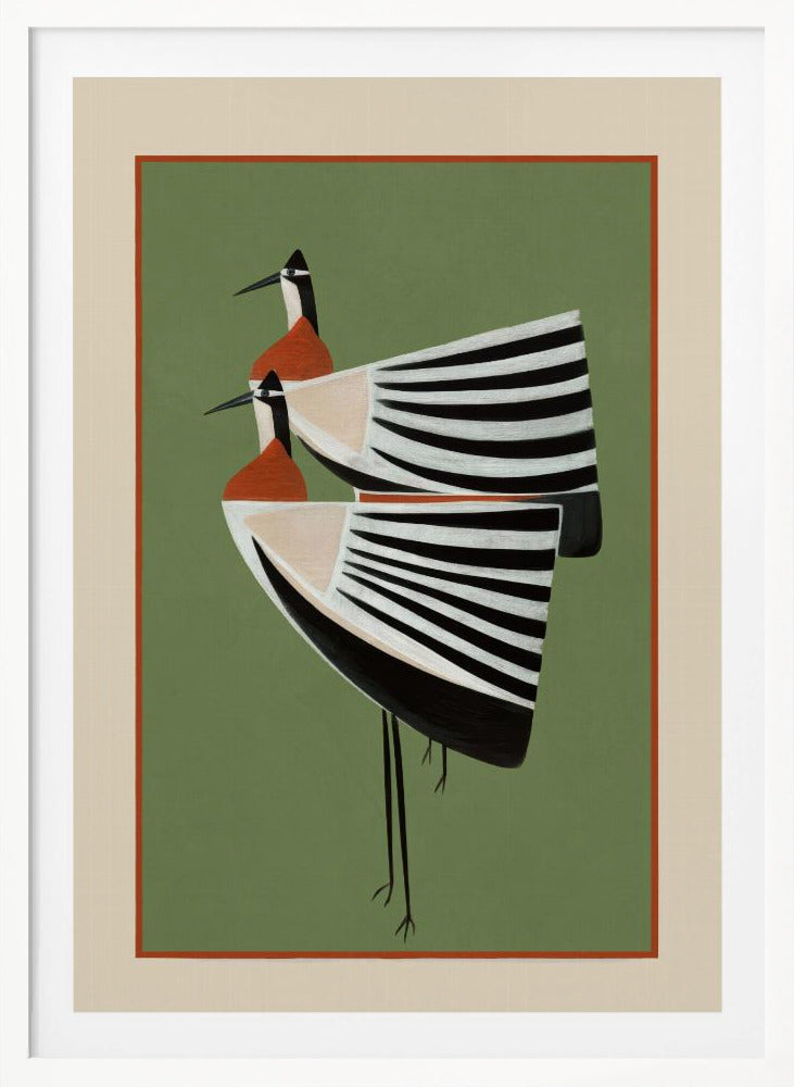 A framed art print featuring two highly stylized birds standing against a solid sage green background. The birds have boat-shaped bodies with bold black and white stripes, orange chests, and long thin black legs and beaks. Wall Art