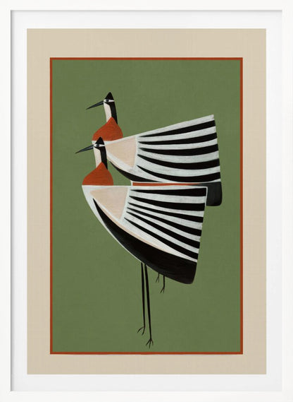 A framed art print featuring two highly stylized birds standing against a solid sage green background. The birds have boat-shaped bodies with bold black and white stripes, orange chests, and long thin black legs and beaks. Wall Art
