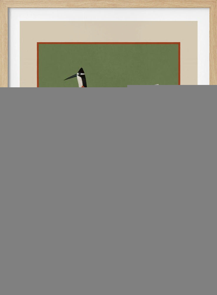 A framed art print featuring two highly stylized birds standing against a solid sage green background. The birds have boat-shaped bodies with bold black and white stripes, orange chests, and long thin black legs and beaks. Wall Art