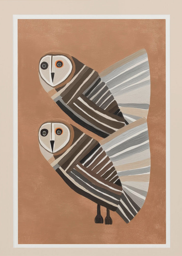 A framed modern art print of two stylized barn owls against a warm brown background. The owls are decorated with geometric stripes in shades of brown, beige, grey, and black, and have large, captivating eyes. Wall Art
