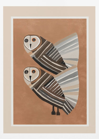 A framed modern art print of two stylized barn owls against a warm brown background. The owls are decorated with geometric stripes in shades of brown, beige, grey, and black, and have large, captivating eyes. Wall Art