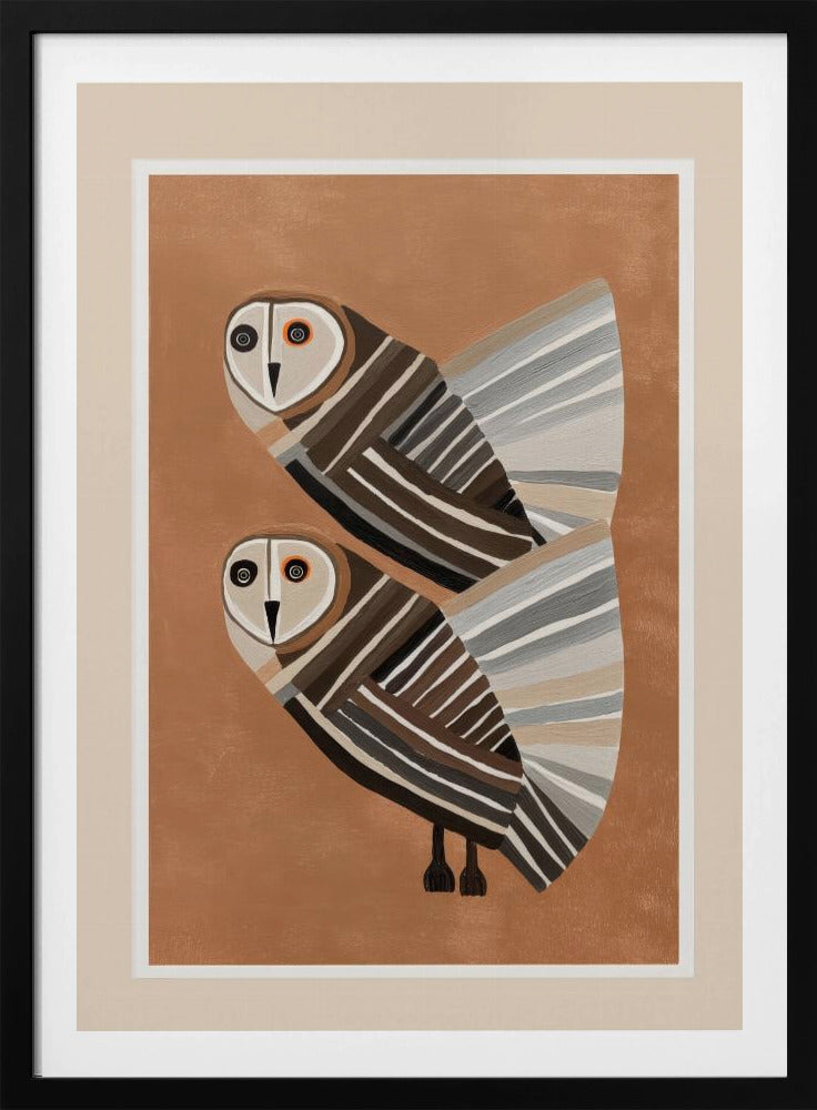 A framed modern art print of two stylized barn owls against a warm brown background. The owls are decorated with geometric stripes in shades of brown, beige, grey, and black, and have large, captivating eyes. Wall Art