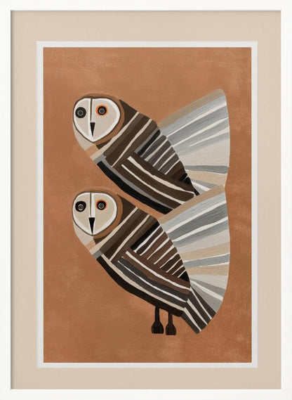 A framed modern art print of two stylized barn owls against a warm brown background. The owls are decorated with geometric stripes in shades of brown, beige, grey, and black, and have large, captivating eyes. Wall Art