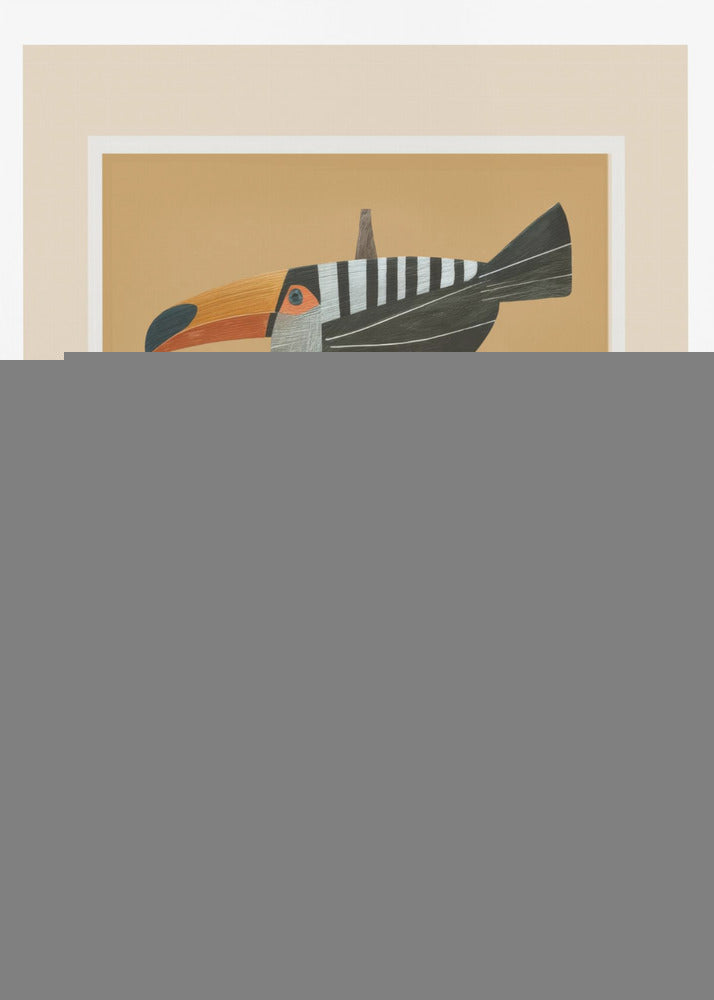 A framed graphic illustration of three stylized toucans perched one above the other on a thin vertical branch. The birds, facing left, have black bodies with bold white vertical stripes, and large, vibrant orange beaks. The background is a solid mustard yellow. Decor