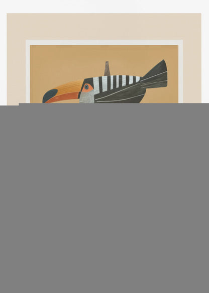 A framed graphic illustration of three stylized toucans perched one above the other on a thin vertical branch. The birds, facing left, have black bodies with bold white vertical stripes, and large, vibrant orange beaks. The background is a solid mustard yellow. Decor